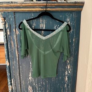 Sheer Green V-Neck Women's Top with Embroidered Trim